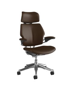 Humanscale Freedom Chair, Standard Duron Arms, Ticino Leather, Coffee, Aluminium