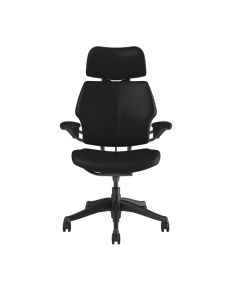 Humanscale Freedom w Headrest, Standard Duron Arms with Textile, Ticino Leather in Black, Black Frame